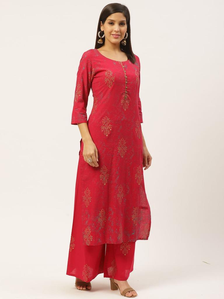 Women's Pink Kurta And Palazzo Set With Floral Print - Wahe-Noor - Indiakreations