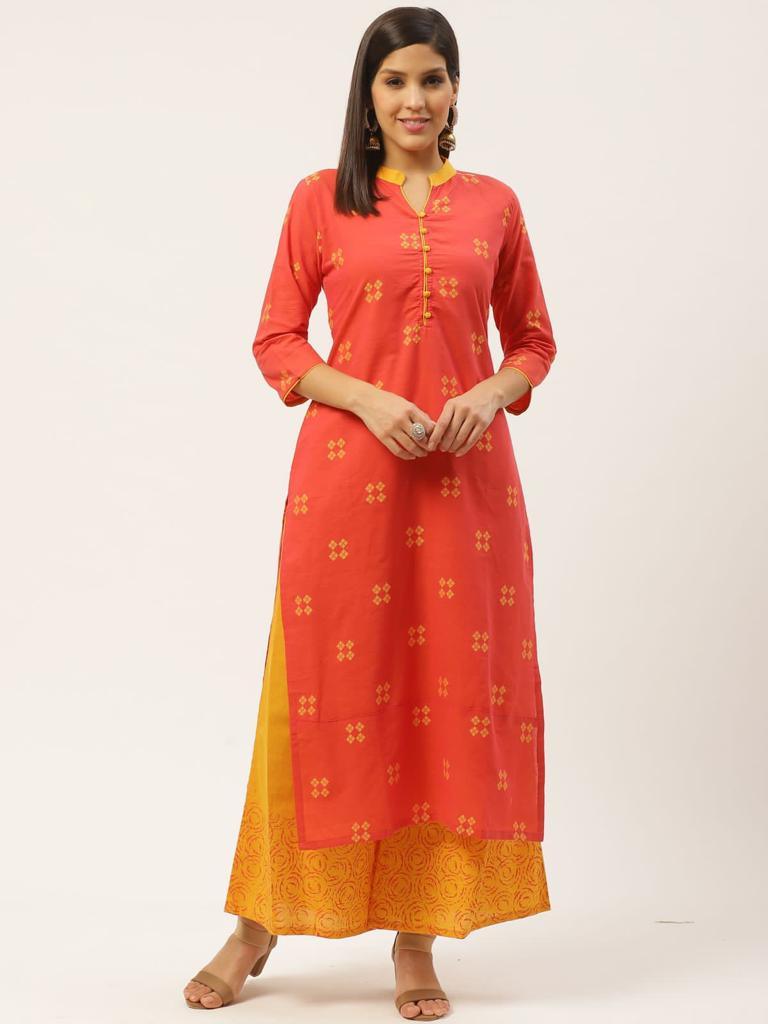 Women's Orange Printed Kurta And Yellow Palazzo - Wahe-Noor - Indiakreations