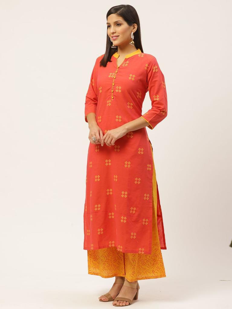 Women's Orange Printed Kurta And Yellow Palazzo - Wahe-Noor - Indiakreations