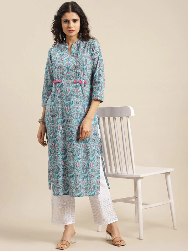 Women's Turquoise Blue Floral Printed Thread Work Cotton Kurta - Varanga