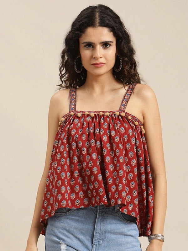 Varanga Maroon Printed Cotton Top - Indiakreations