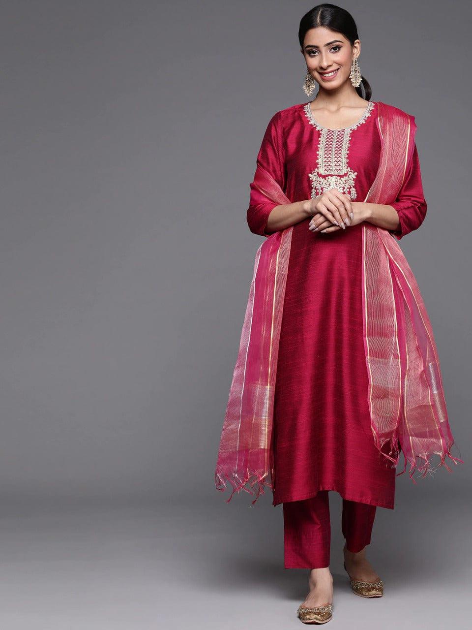 Varanga Magenta Ethnic Motifs Embroidered Kurta with Trousers & With Dupatta - Indiakreations