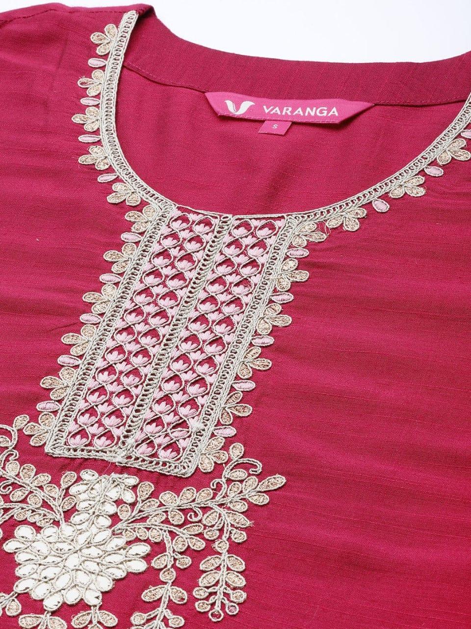 Varanga Magenta Ethnic Motifs Embroidered Kurta with Trousers & With Dupatta - Indiakreations