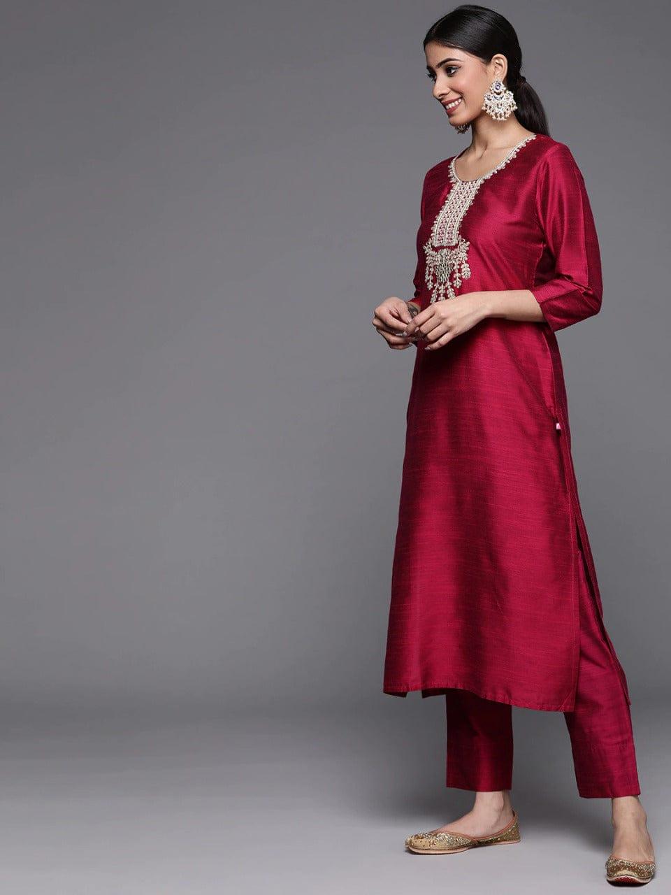 Varanga Magenta Ethnic Motifs Embroidered Kurta with Trousers & With Dupatta - Indiakreations