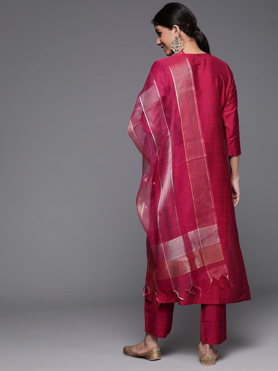 Varanga Magenta Ethnic Motifs Embroidered Kurta with Trousers & With Dupatta - Indiakreations