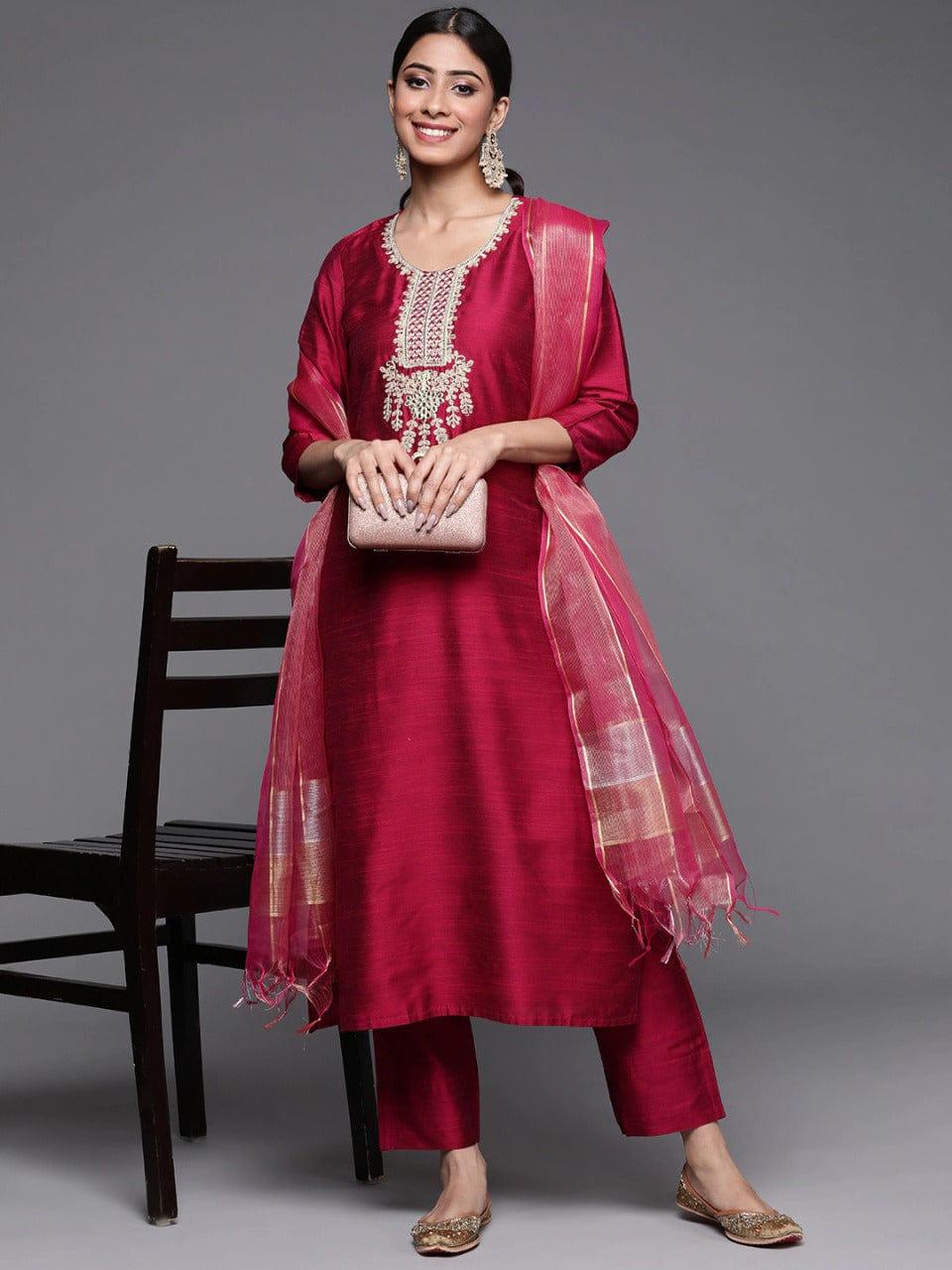 Varanga Magenta Ethnic Motifs Embroidered Kurta with Trousers & With Dupatta - Indiakreations