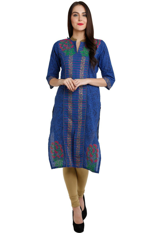 Women's Blue & Golden Block Print Straight Kurta - Wahe-Noor - Indiakreations