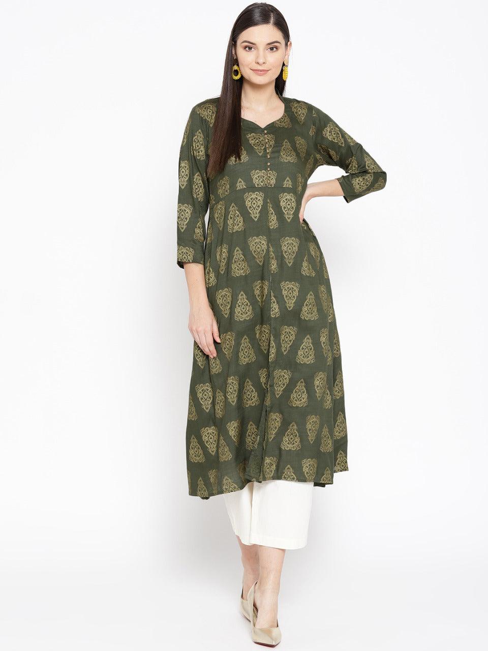 Women's Green Block Printed A-Line Kurta - Wahe-Noor - Indiakreations