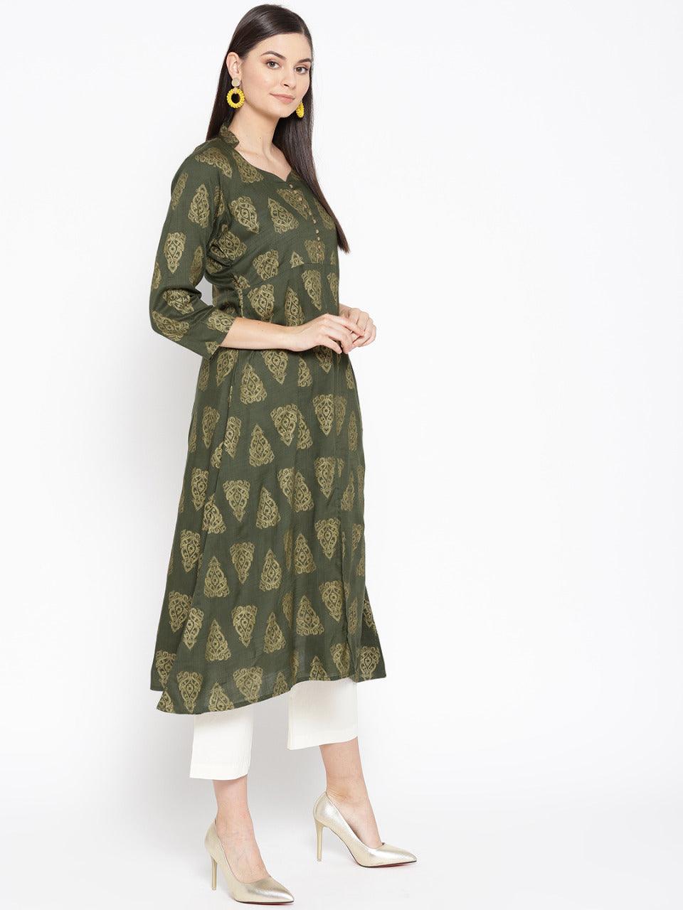 Women's Green Block Printed A-Line Kurta - Wahe-Noor - Indiakreations