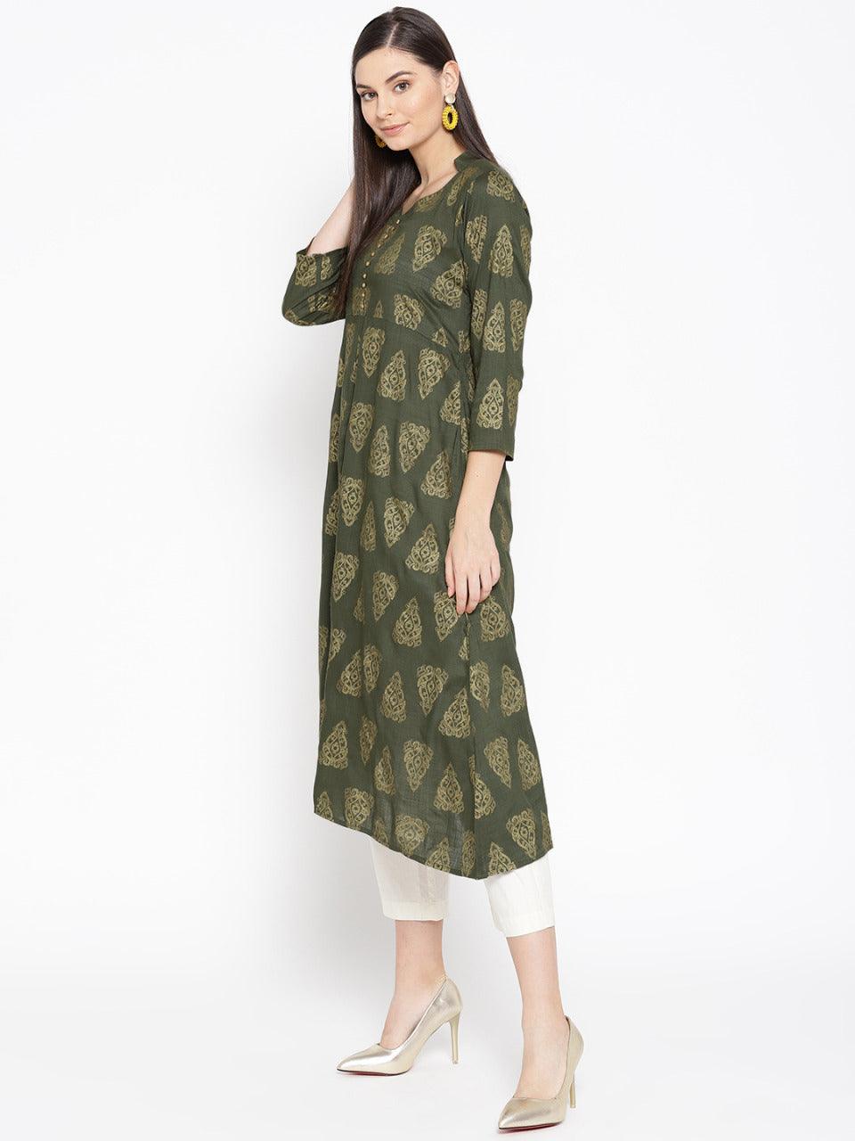 Women's Green Block Printed A-Line Kurta - Wahe-Noor - Indiakreations