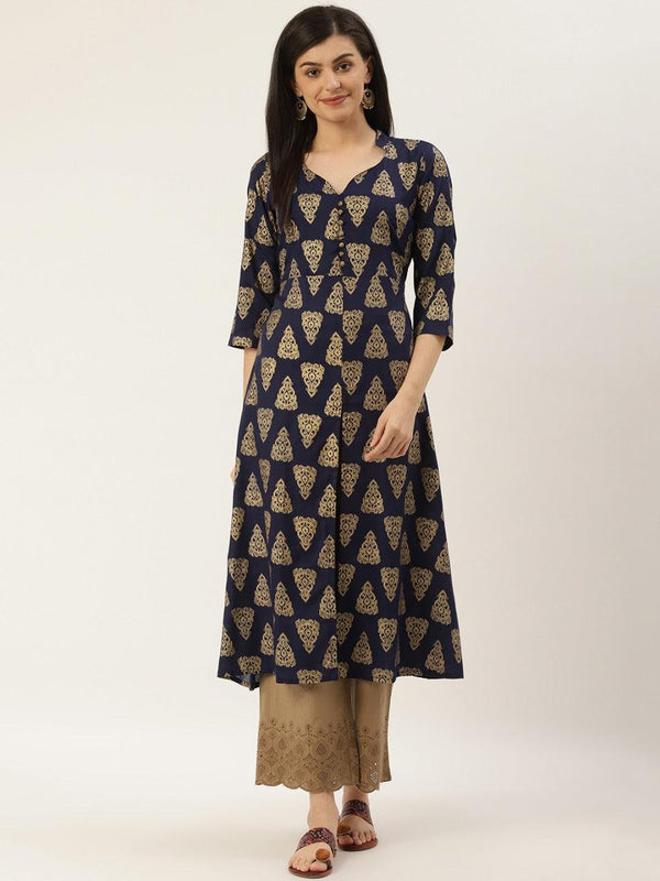 Women's Blue Block Printed A-Line Kurta - Wahe-Noor - Indiakreations