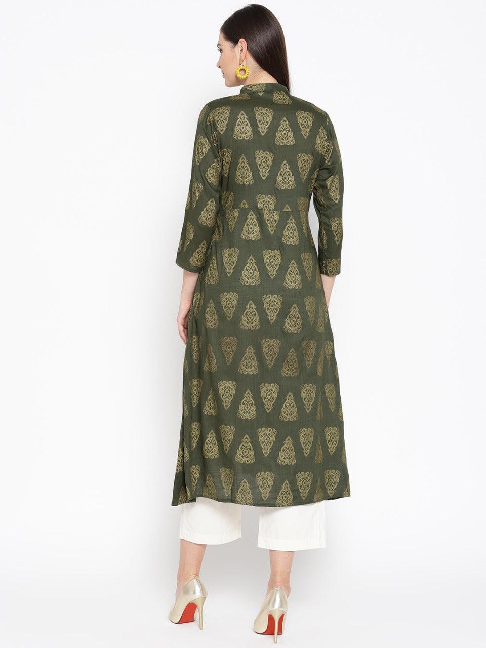 Women's Green Block Printed A-Line Kurta - Wahe-Noor - Indiakreations