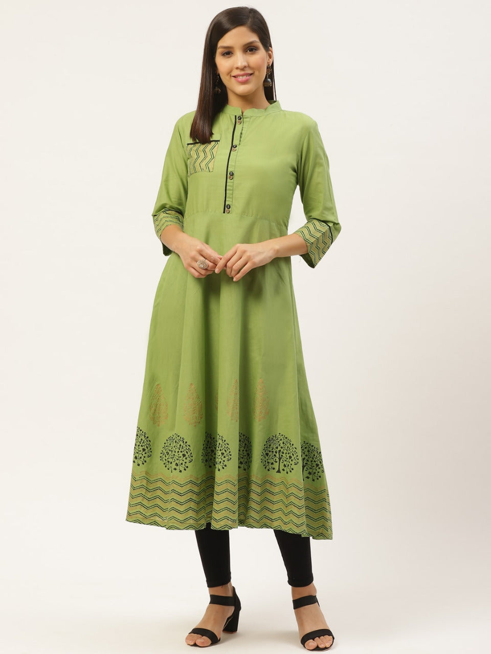 Women's Green Block Printed A-Line Kurta - Wahe-Noor - Indiakreations