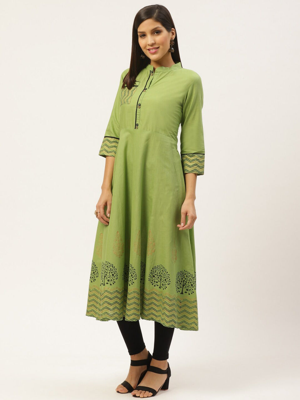 Women's Green Block Printed A-Line Kurta - Wahe-Noor - Indiakreations