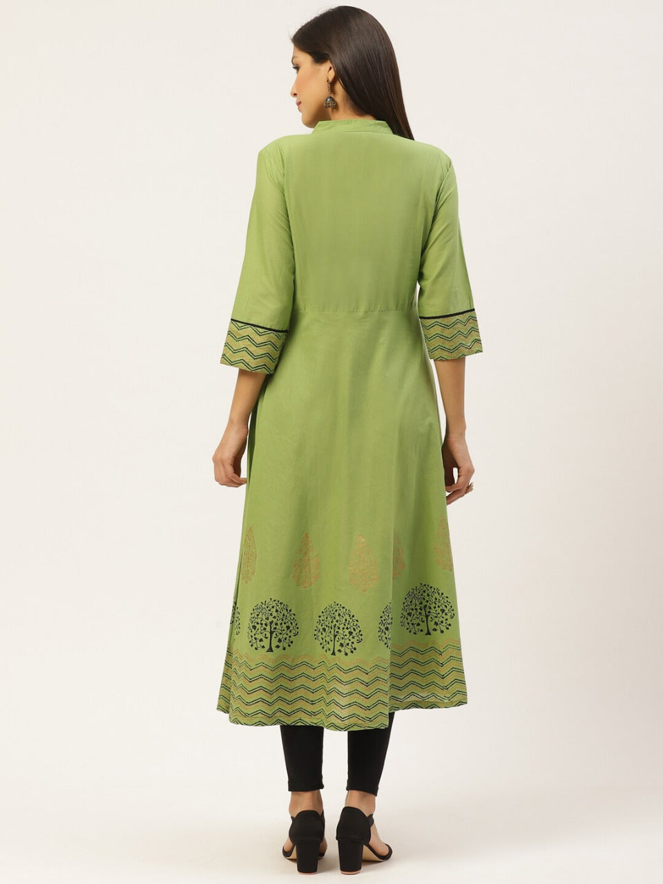 Women's Green Block Printed A-Line Kurta - Wahe-Noor - Indiakreations