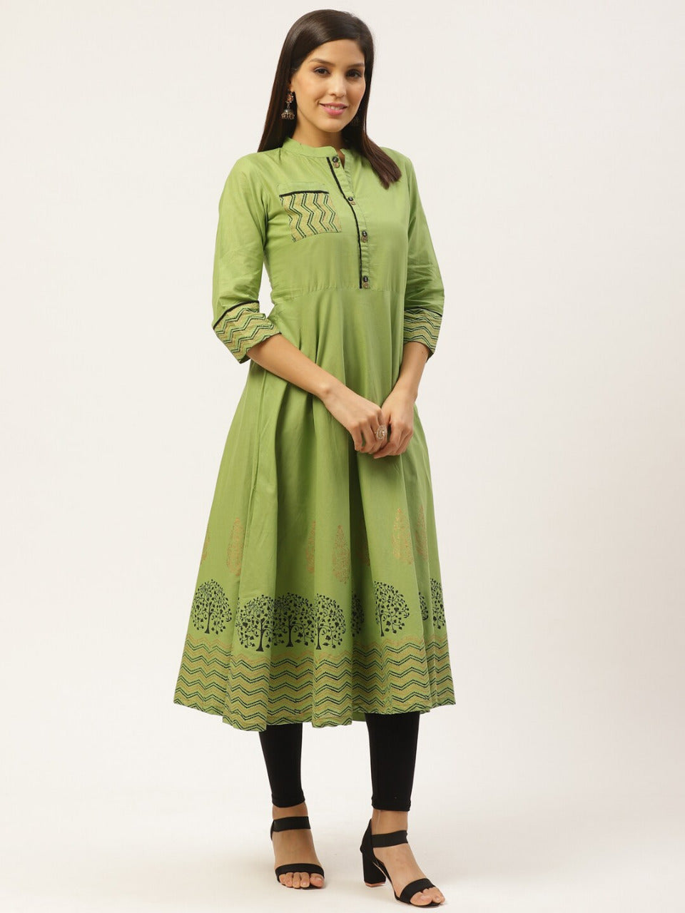 Women's Green Block Printed A-Line Kurta - Wahe-Noor - Indiakreations