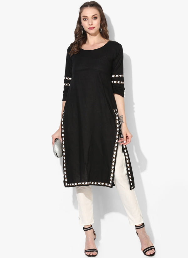 Women's Black Solid Straight Kurta - Wahe-Noor