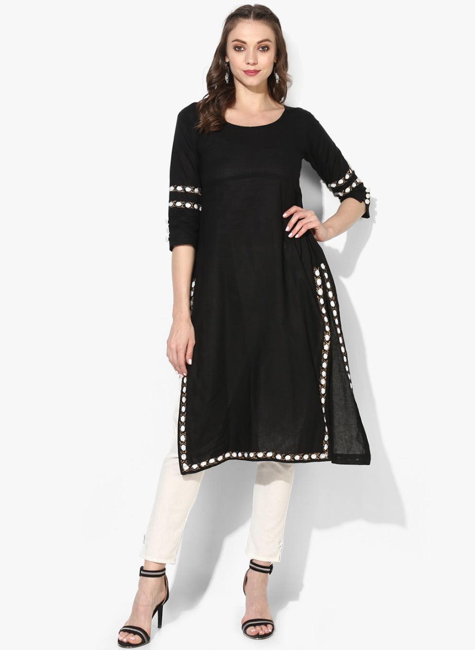 Women's Black Solid Straight Kurta - Wahe-Noor - Indiakreations