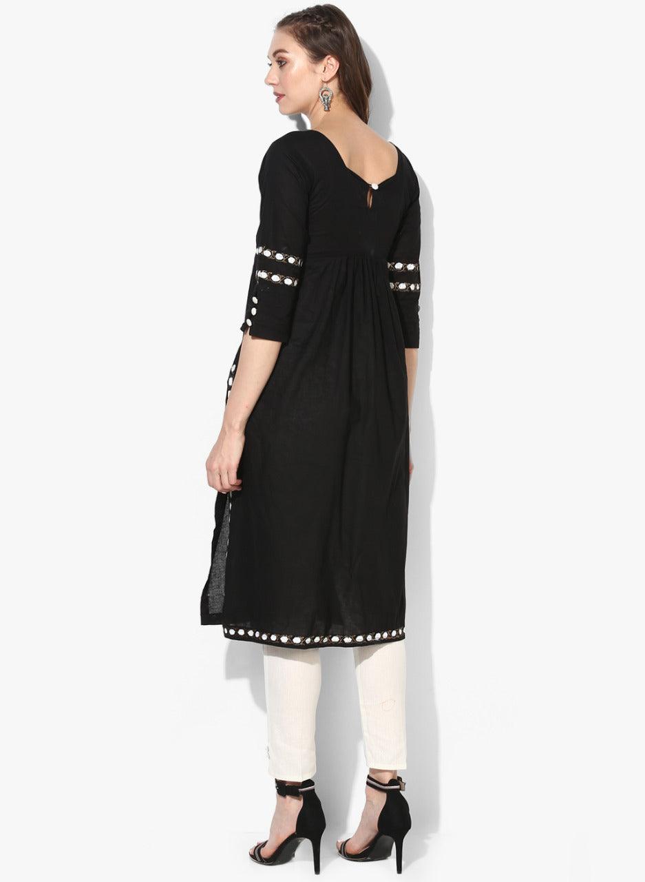 Women's Black Solid Straight Kurta - Wahe-Noor - Indiakreations