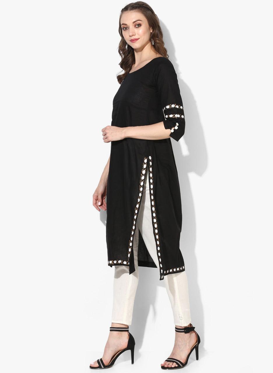 Women's Black Solid Straight Kurta - Wahe-Noor - Indiakreations