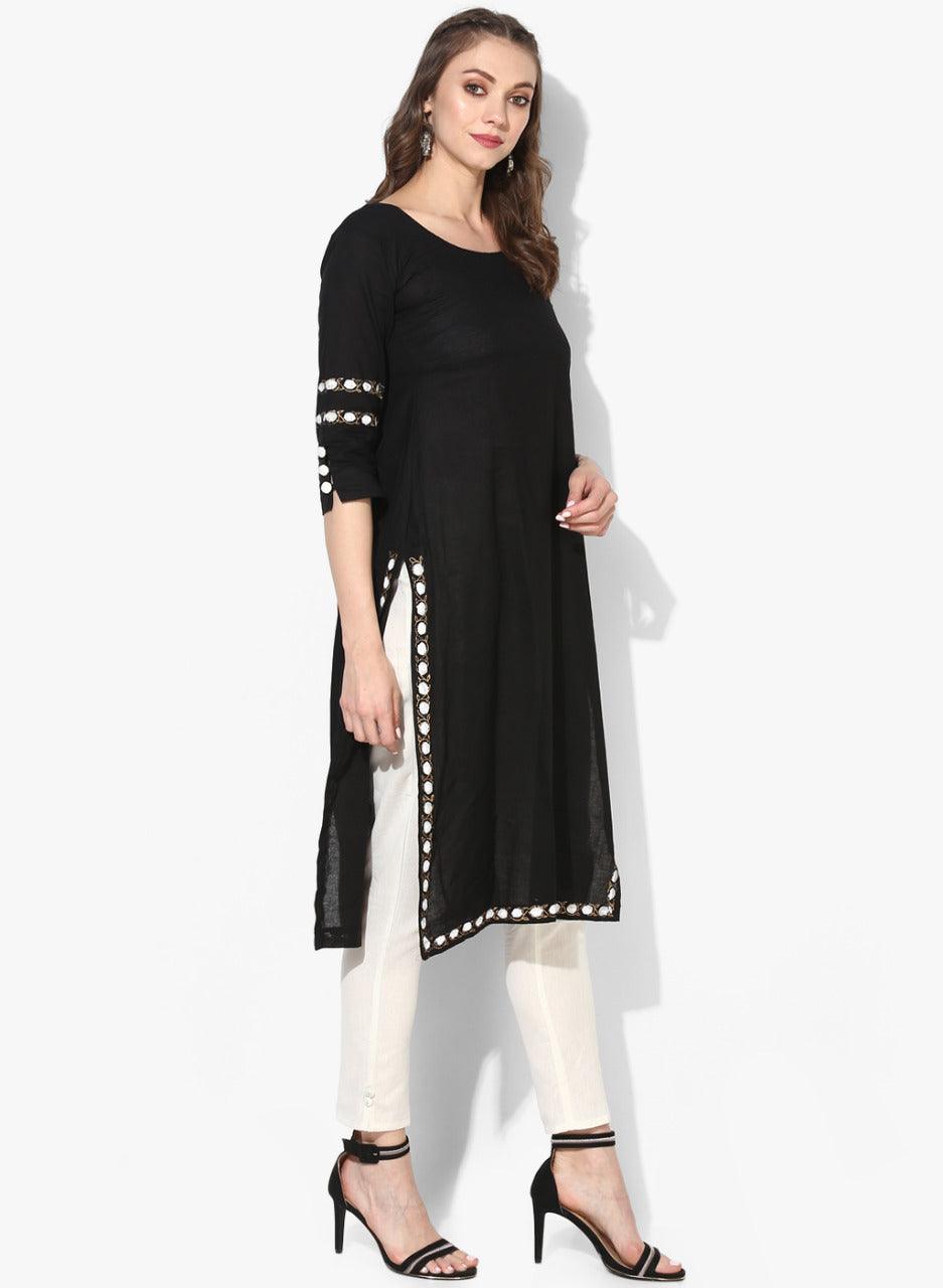 Women's Black Solid Straight Kurta - Wahe-Noor - Indiakreations