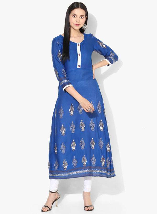 Women's Blue Block Print Design Anarkali Kurta - Wahe-Noor