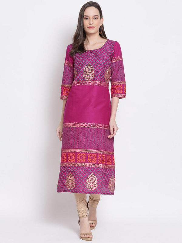 Women's Purple Ethnic Motifs Printed Straight Kurta - Wahe-Noor - Indiakreations