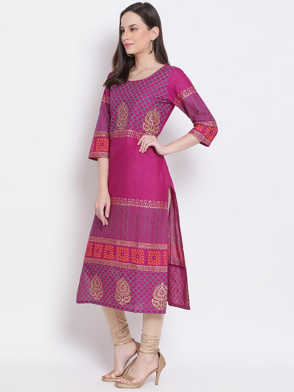 Women's Purple Ethnic Motifs Printed Straight Kurta - Wahe-Noor - Indiakreations