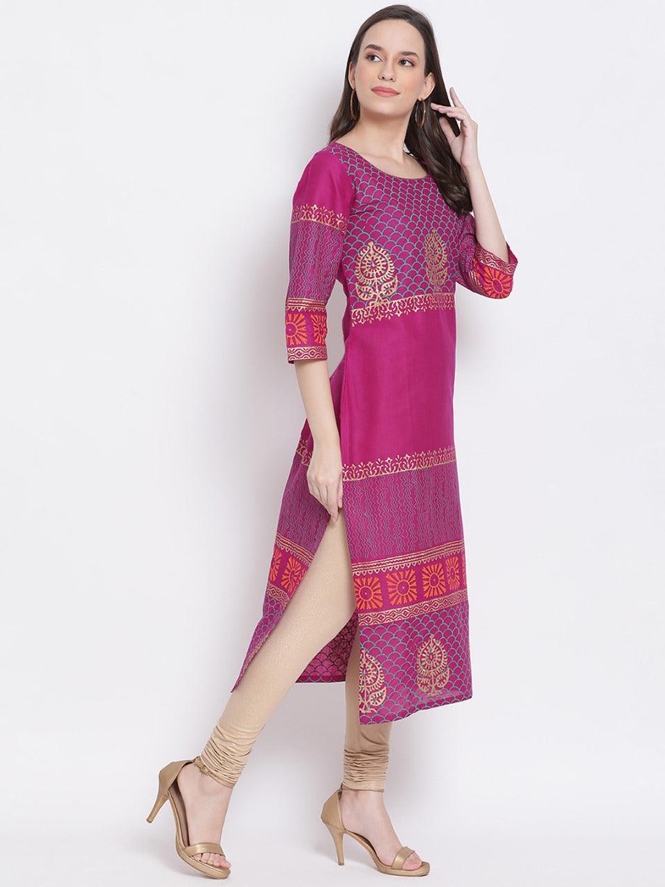 Women's Purple Ethnic Motifs Printed Straight Kurta - Wahe-Noor - Indiakreations