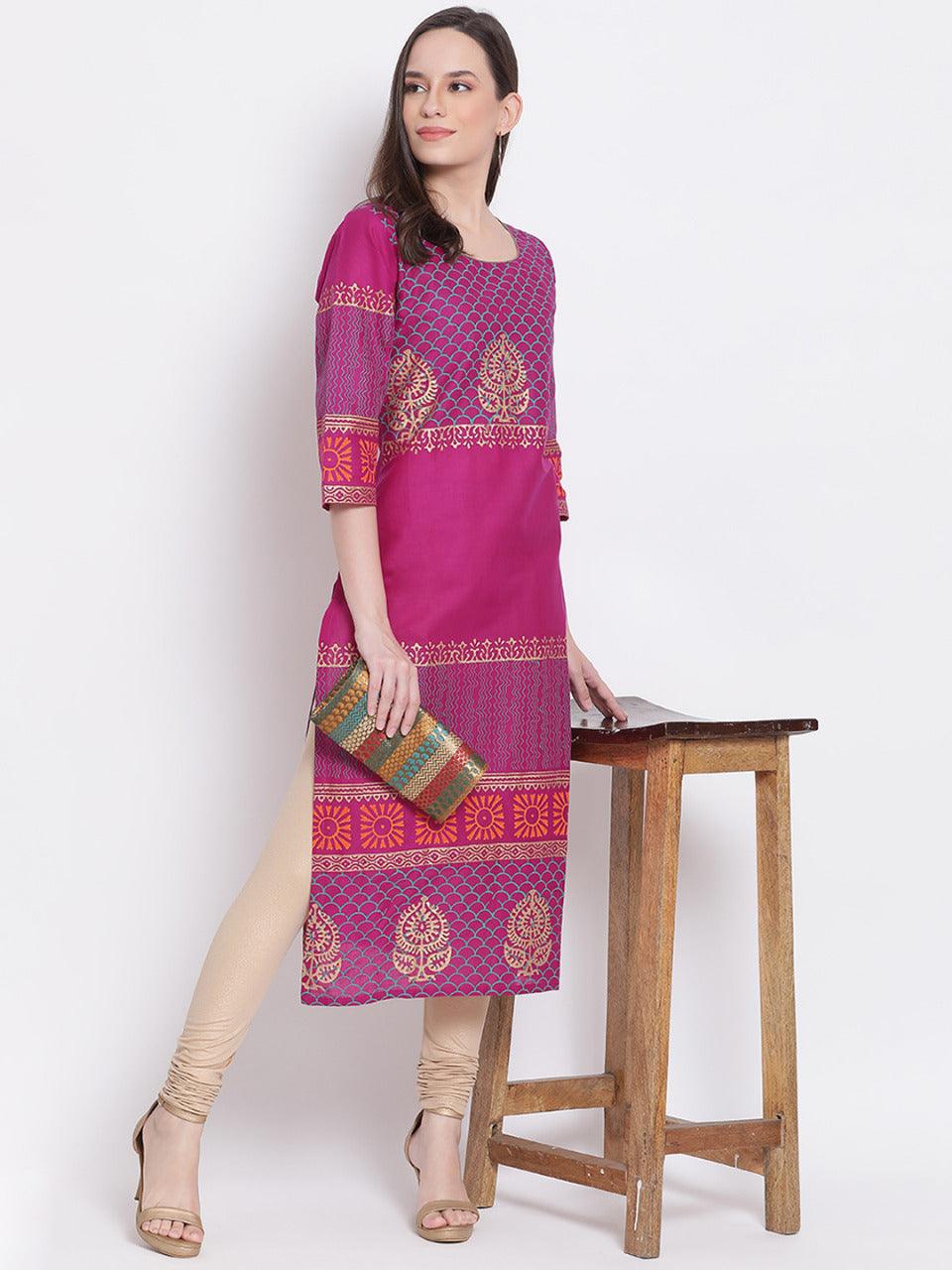 Women's Purple Ethnic Motifs Printed Straight Kurta - Wahe-Noor - Indiakreations