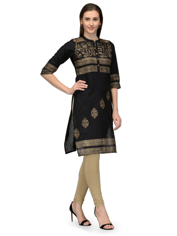 Women's Black Printed Straight Kurta - Wahe-Noor