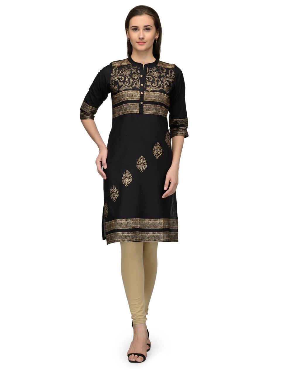 Women's Black Printed Straight Kurta - Wahe-Noor - Indiakreations