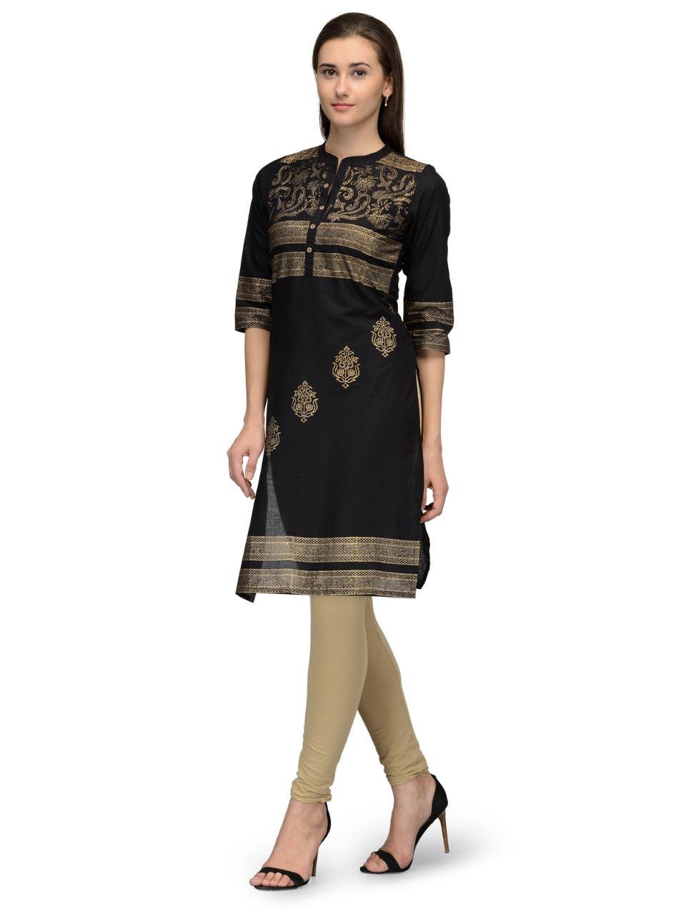 Women's Black Printed Straight Kurta - Wahe-Noor - Indiakreations