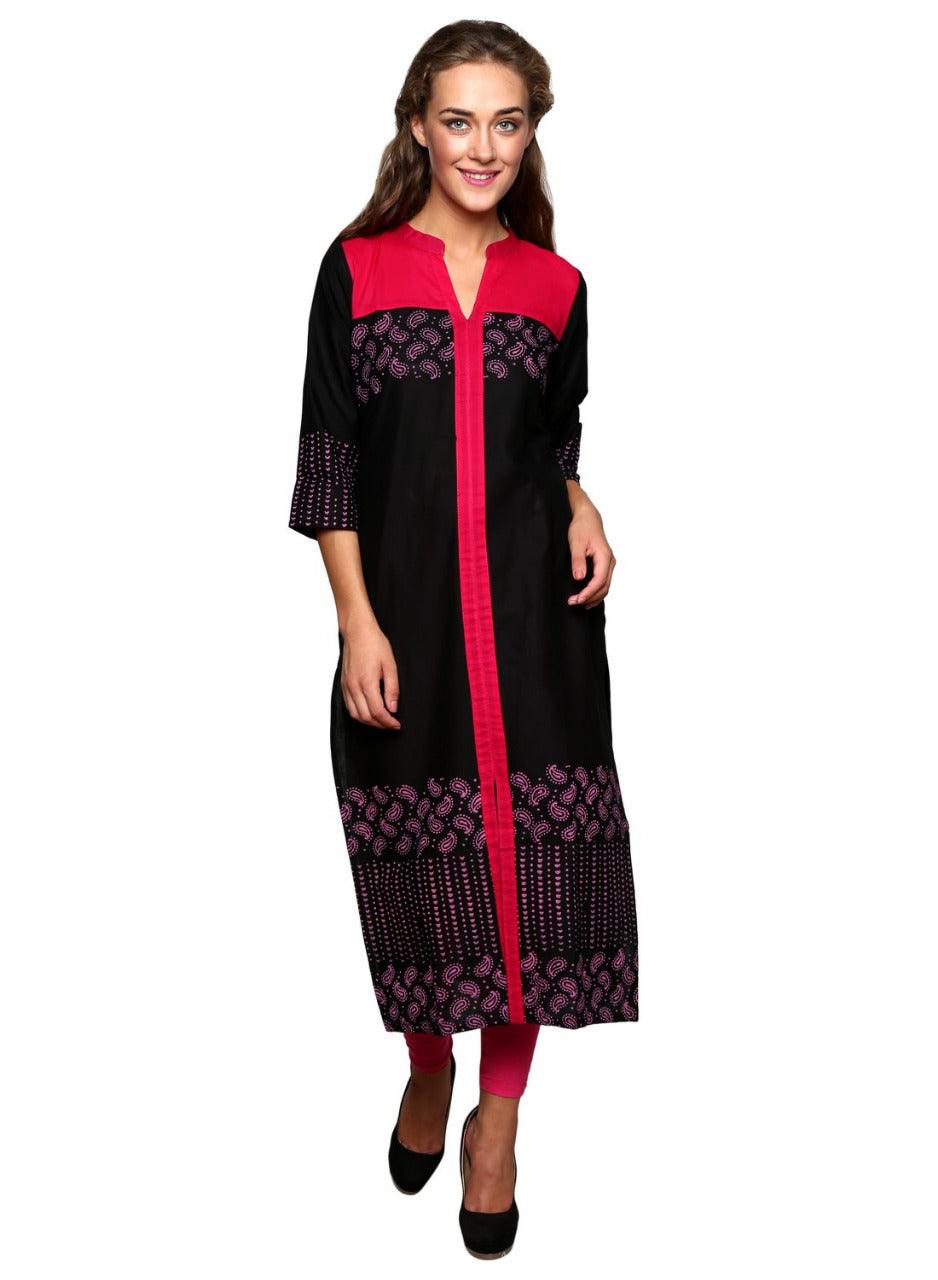 Women's Black & Red Block Printed Straight Kurta - Wahe-Noor - Indiakreations