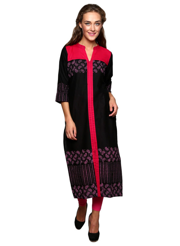 Women's Black & Red Block Printed Straight Kurta - Wahe-Noor