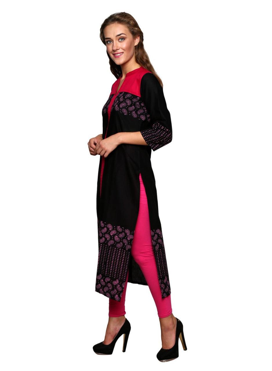 Women's Black & Red Block Printed Straight Kurta - Wahe-Noor - Indiakreations