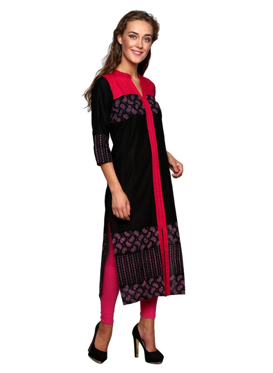 Women's Black & Red Block Printed Straight Kurta - Wahe-Noor - Indiakreations