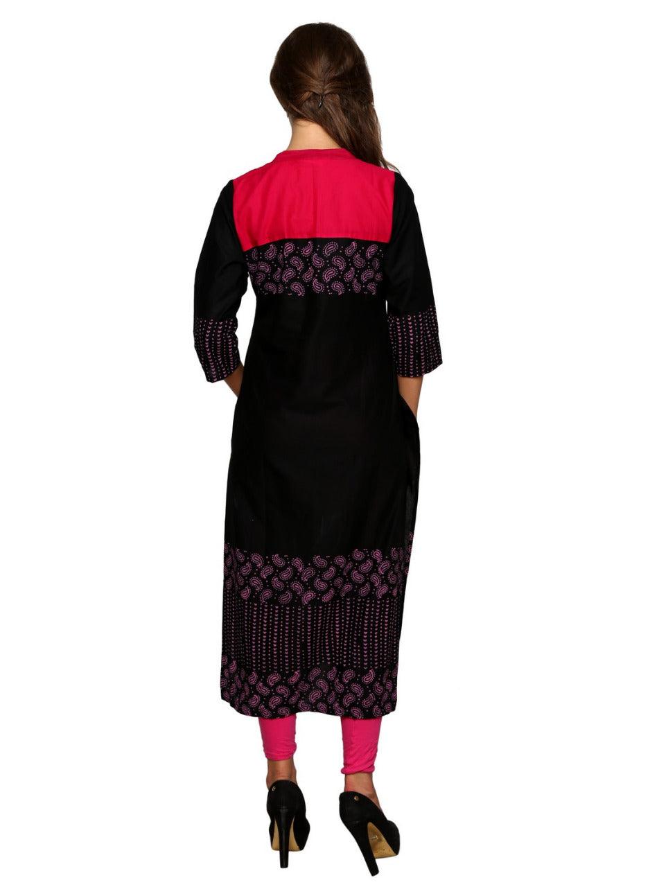 Women's Black & Red Block Printed Straight Kurta - Wahe-Noor - Indiakreations