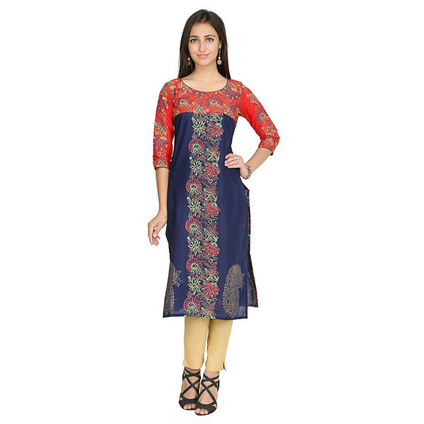 Women's Red & Blue Floral Printed Straight Kurta - Wahe-Noor - Indiakreations