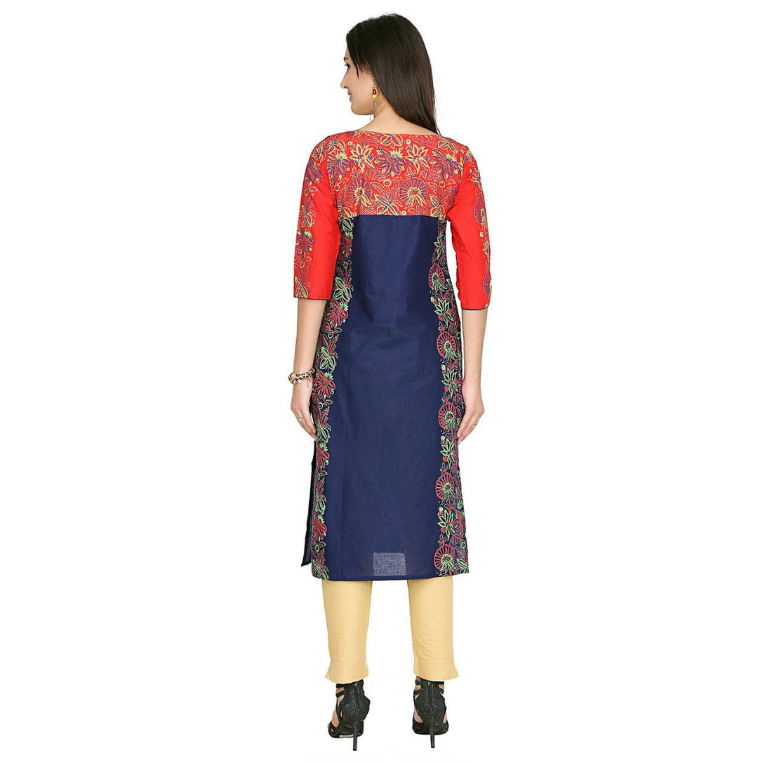 Women's Red & Blue Floral Printed Straight Kurta - Wahe-Noor - Indiakreations