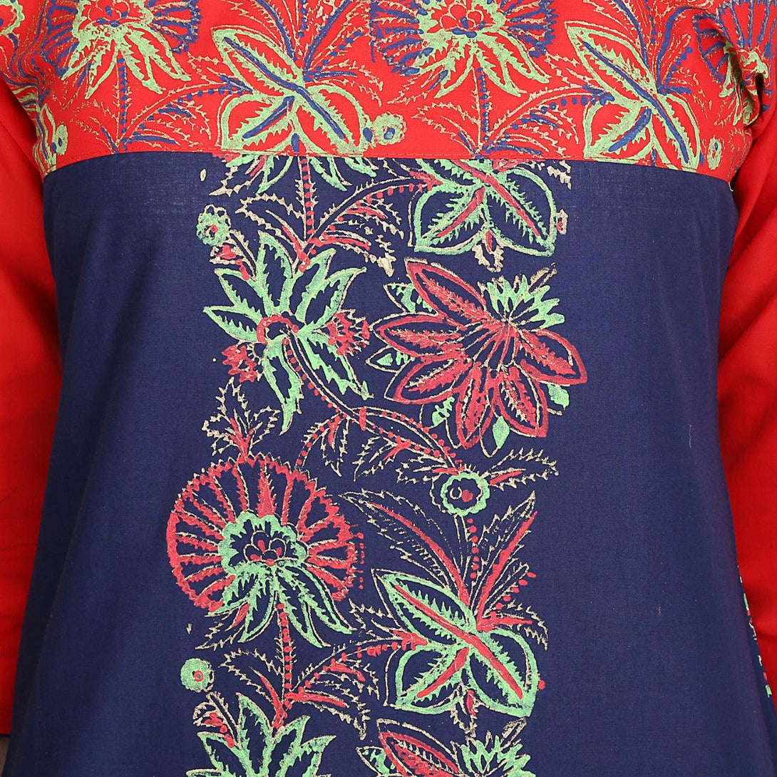 Women's Red & Blue Floral Printed Straight Kurta - Wahe-Noor - Indiakreations