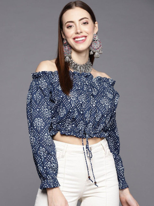 KSUT Navy Blue & White Printed Cotton Off-Shoulder Bardot Crop Top - Indiakreations