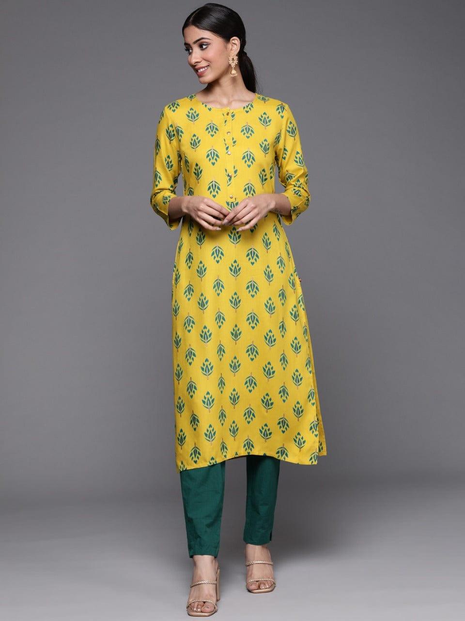 KSUT Women Yellow & Green Ethnic Motifs Printed Kurta - Indiakreations