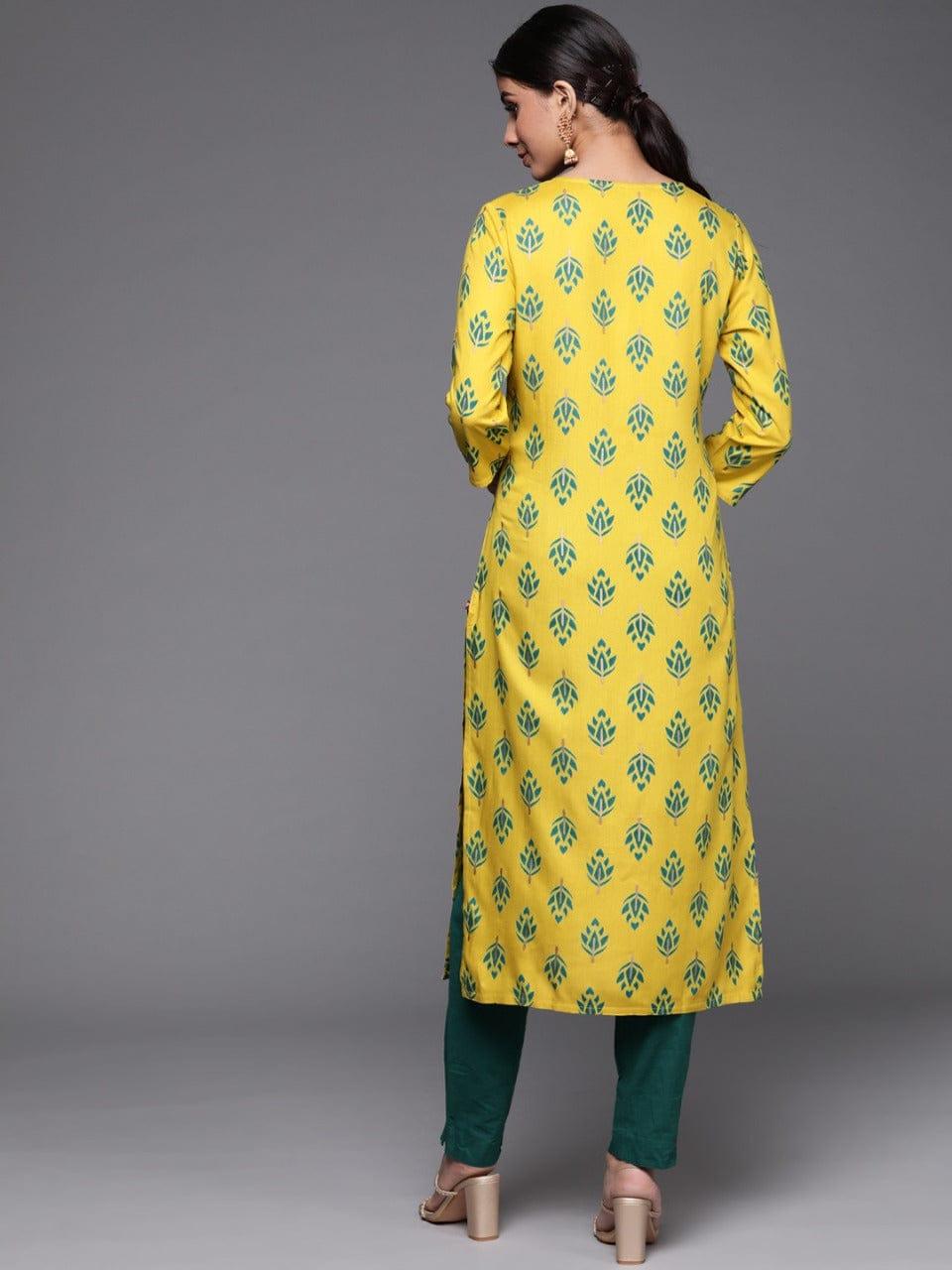 KSUT Women Yellow & Green Ethnic Motifs Printed Kurta - Indiakreations