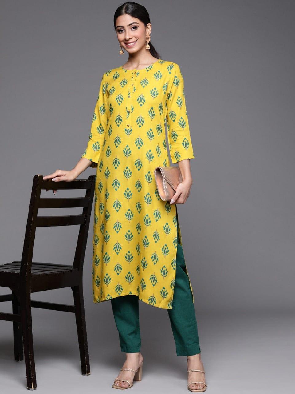 KSUT Women Yellow & Green Ethnic Motifs Printed Kurta - Indiakreations