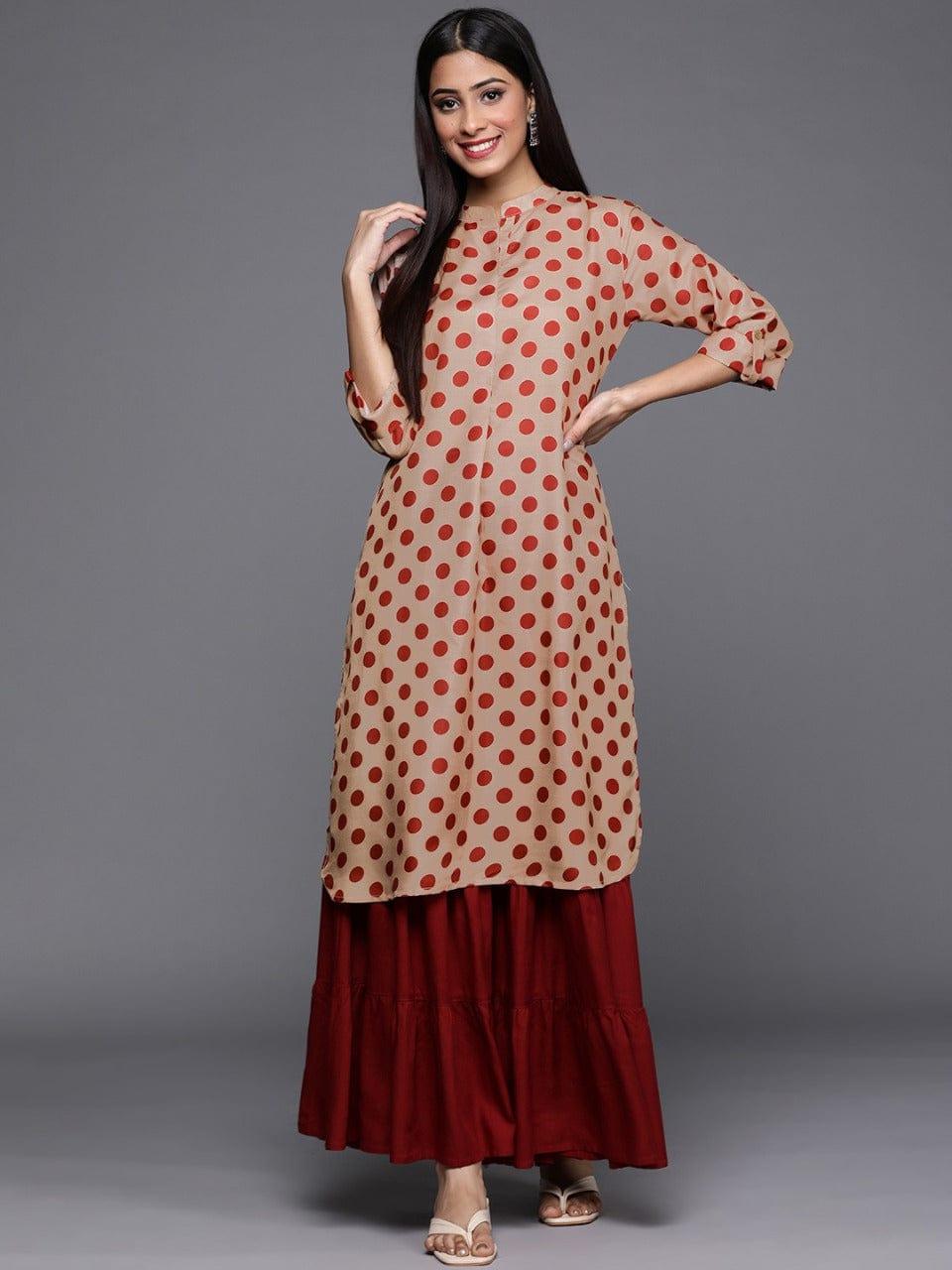 Varanga Women Beige & Maroon Polka Dots Printed Kurta - Indiakreations