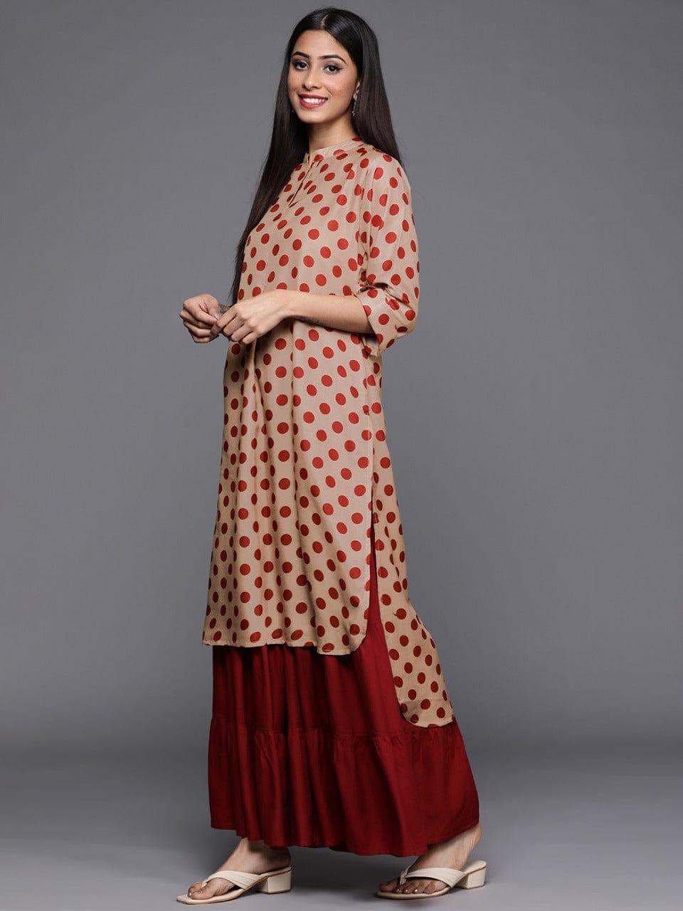 Varanga Women Beige & Maroon Polka Dots Printed Kurta - Indiakreations