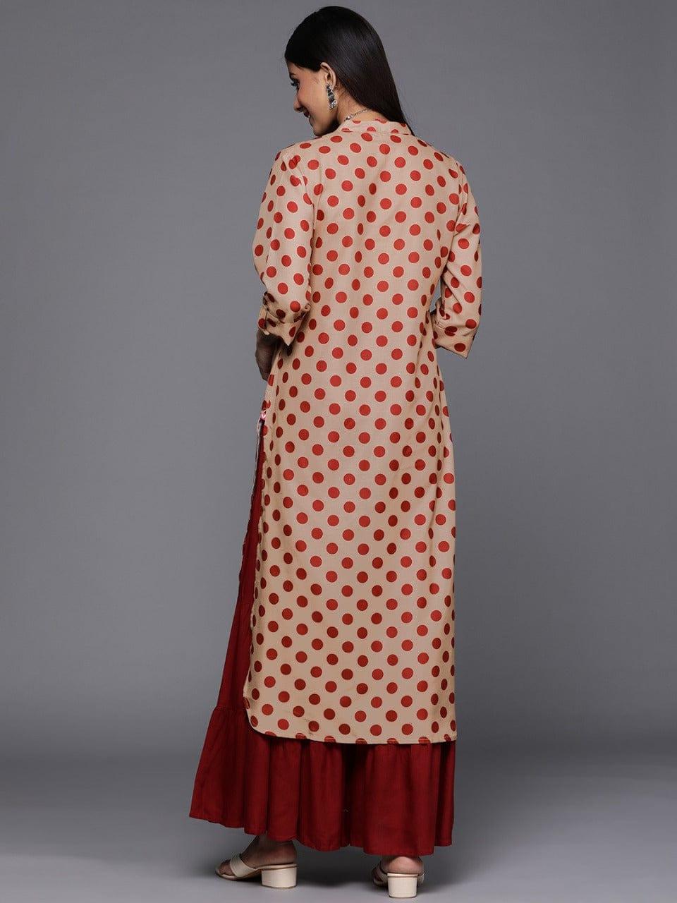 Varanga Women Beige & Maroon Polka Dots Printed Kurta - Indiakreations