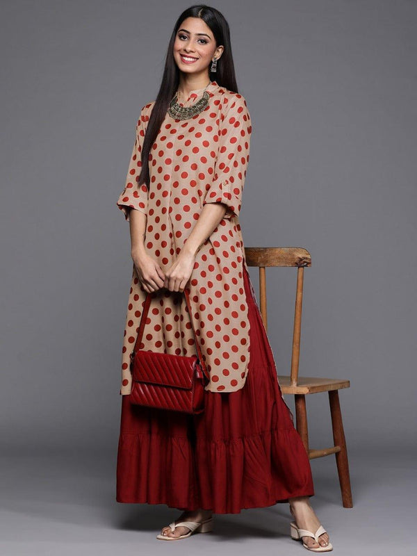 Varanga Women Beige & Maroon Polka Dots Printed Kurta - Indiakreations