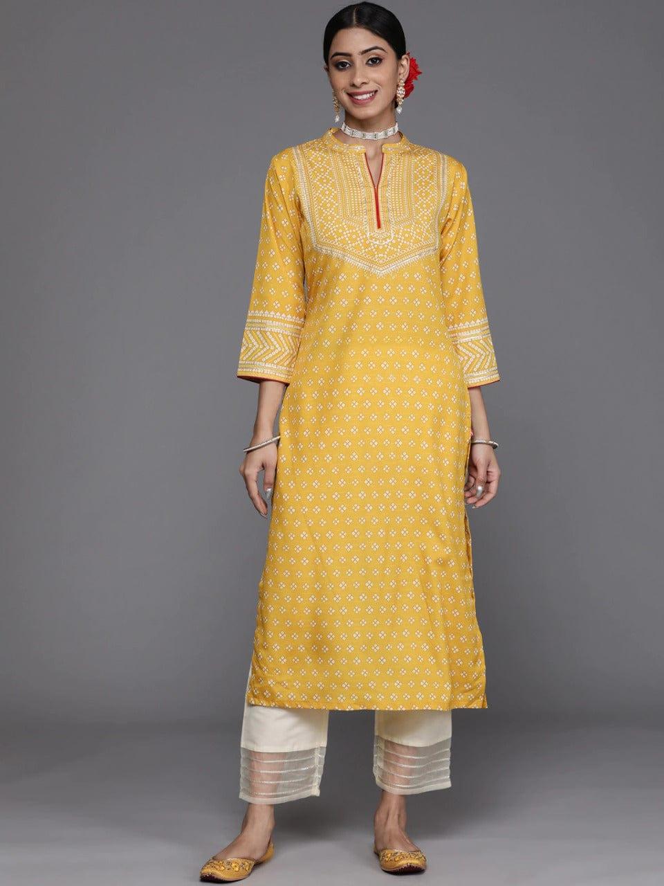 Varanga Women Yellow & White Ethnic Motifs Printed Kurta with Trousers - Indiakreations